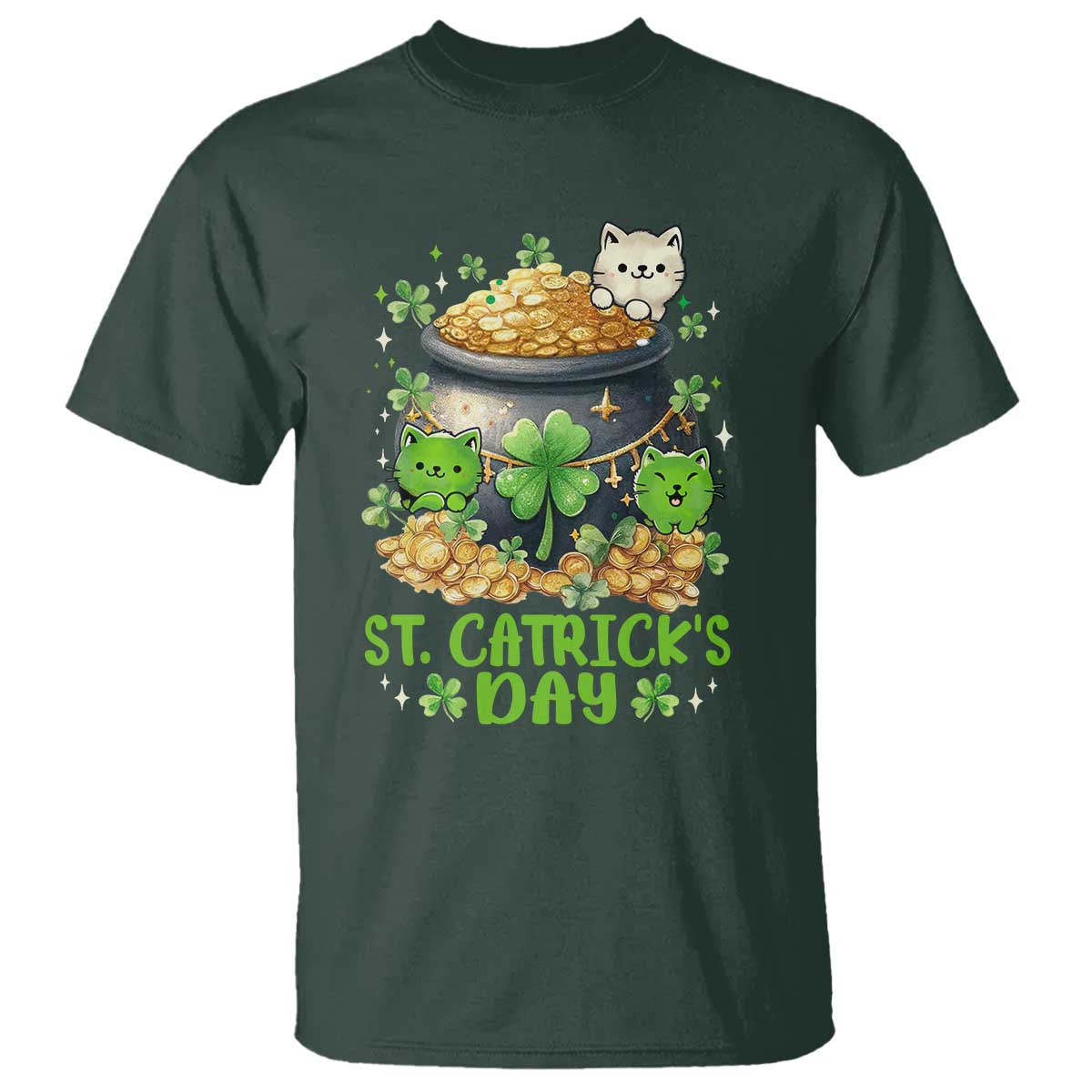 Cats St Patricks Day T Shirt Pot Of Gold Kitty Lover Lucky Irish TS10 Dark Forest Green Print Your Wear