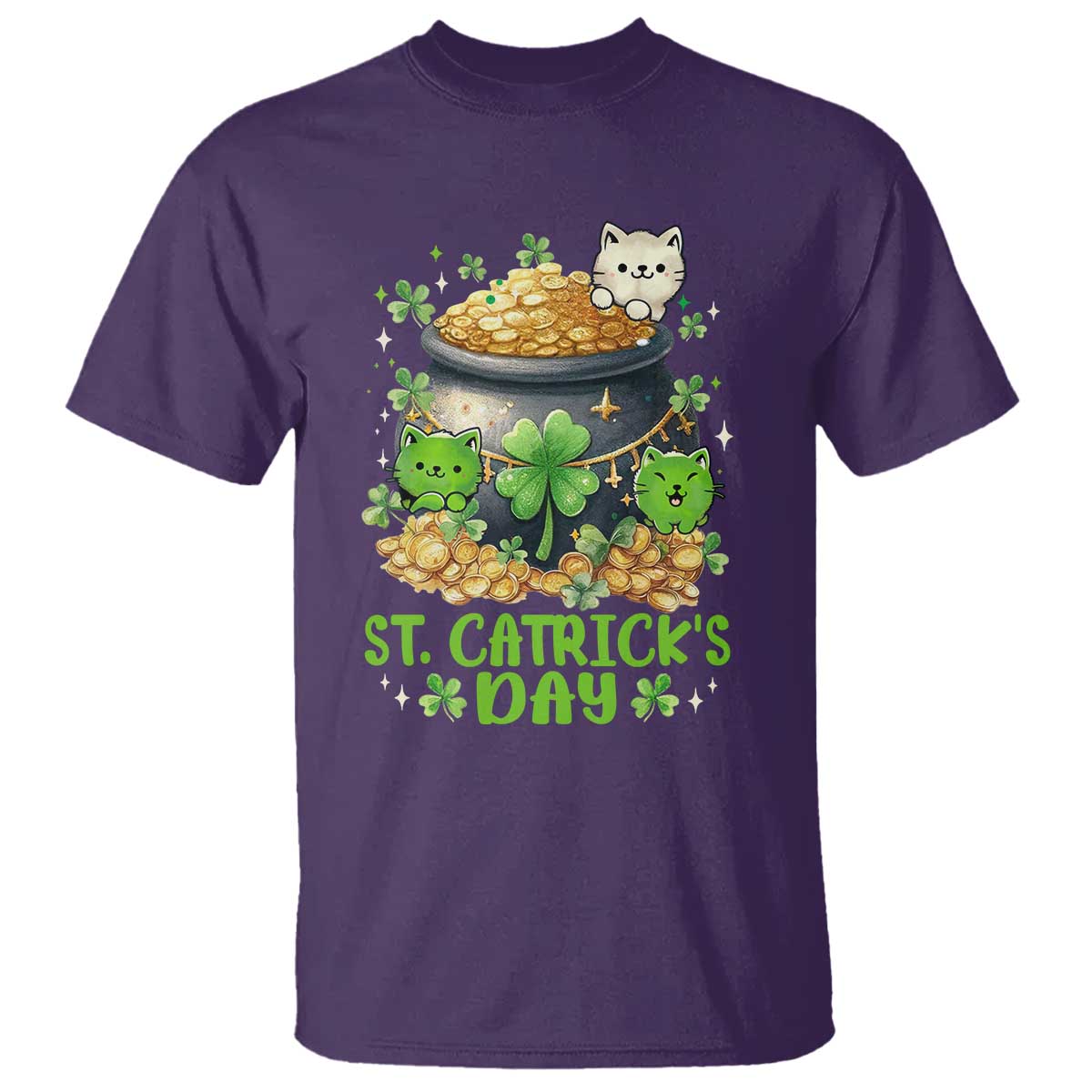 Cats St Patricks Day T Shirt Pot Of Gold Kitty Lover Lucky Irish TS10 Purple Print Your Wear