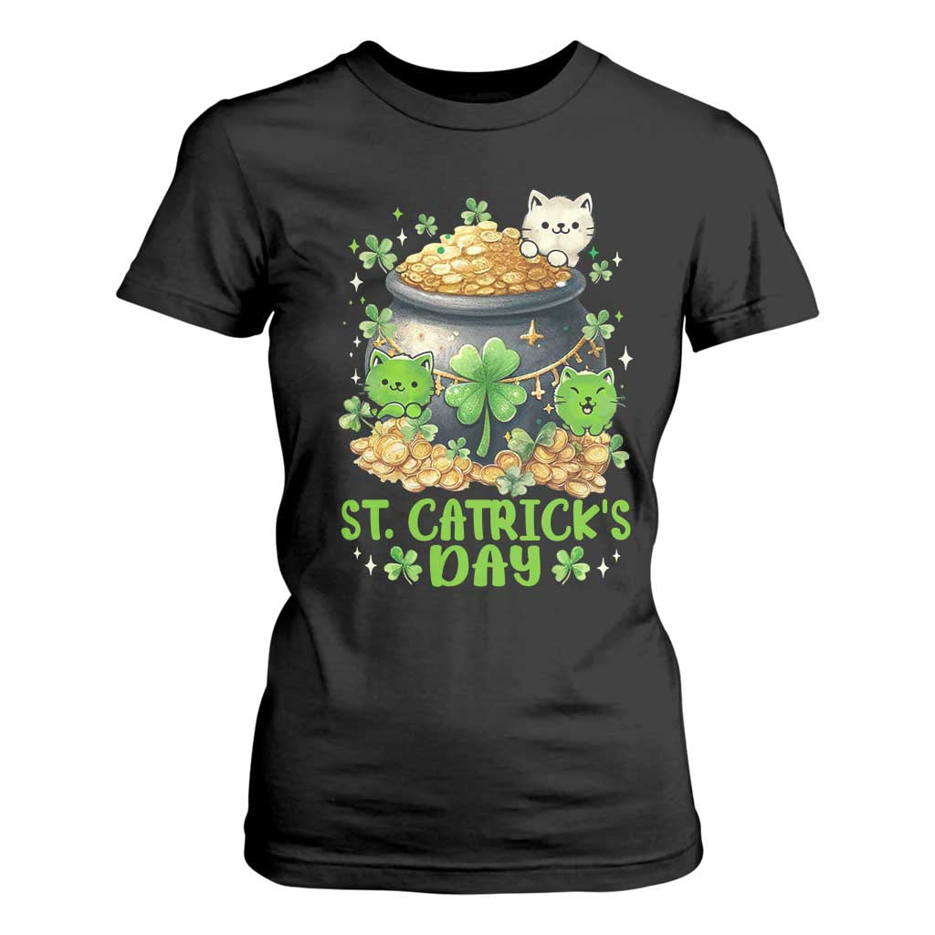 Cats St Patricks Day T Shirt For Women Pot Of Gold Kitty Lover Lucky Irish TS10 Black Print Your Wear