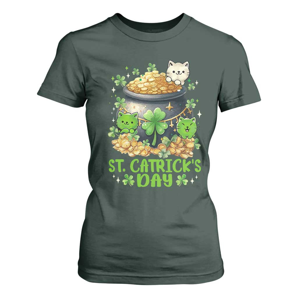 Cats St Patricks Day T Shirt For Women Pot Of Gold Kitty Lover Lucky Irish TS10 Dark Forest Green Print Your Wear
