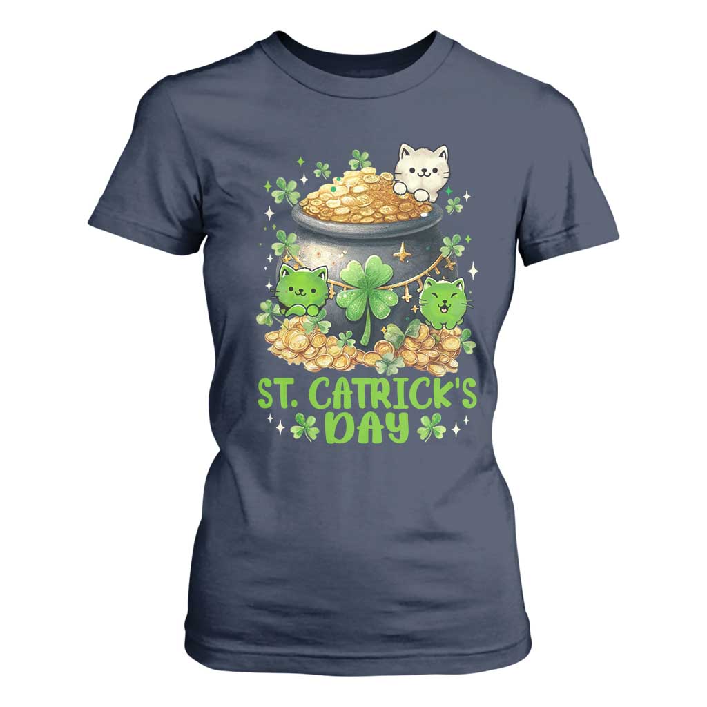 Cats St Patricks Day T Shirt For Women Pot Of Gold Kitty Lover Lucky Irish TS10 Navy Print Your Wear
