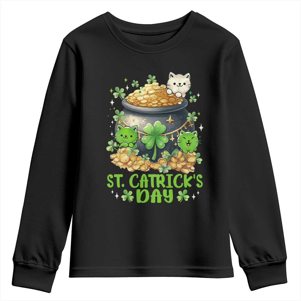 Cats St Patricks Day Youth Sweatshirt Pot Of Gold Kitty Lover Lucky Irish TS10 Black Print Your Wear