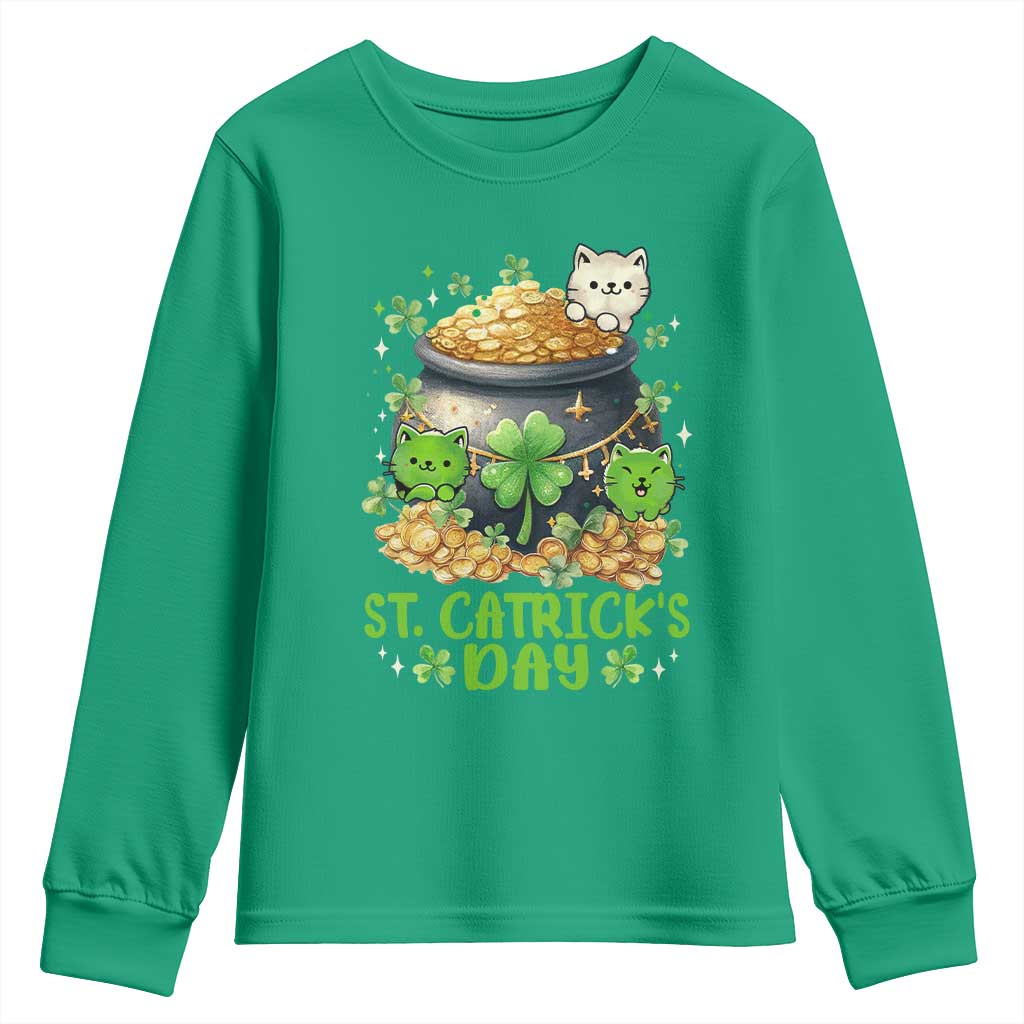 Cats St Patricks Day Youth Sweatshirt Pot Of Gold Kitty Lover Lucky Irish TS10 Irish Green Print Your Wear