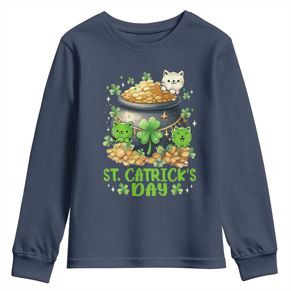 Cats St Patricks Day Youth Sweatshirt Pot Of Gold Kitty Lover Lucky Irish TS10 Navy Print Your Wear