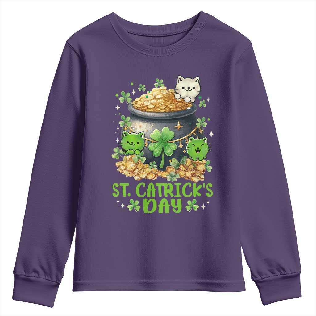 Cats St Patricks Day Youth Sweatshirt Pot Of Gold Kitty Lover Lucky Irish TS10 Purple Print Your Wear
