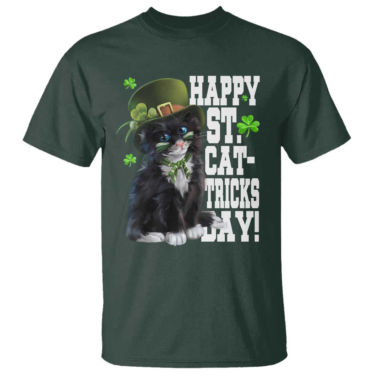 Shamrock Cat St Patricks Day T Shirt Kitty Mom Gift TS10 Dark Forest Green Print Your Wear