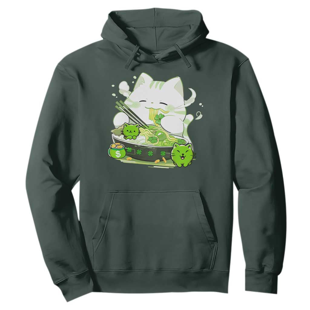 St Patrick's Day Cats Hoodie Irish Eating Ramen Noodles Cute Anime Shamrocks TS10 Dark Forest Green Print Your Wear