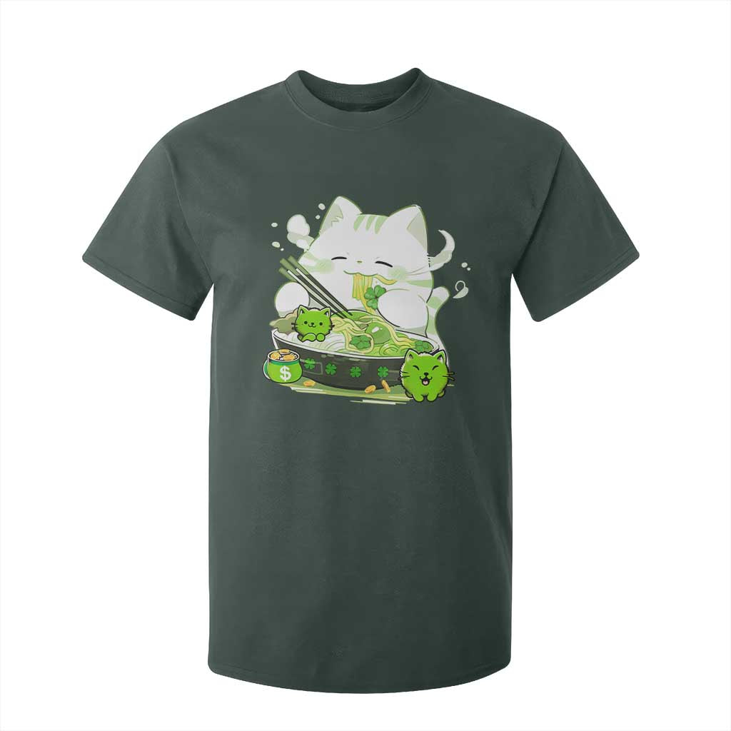 St Patrick's Day Cats T Shirt For Kid Irish Eating Ramen Noodles Cute Anime Shamrocks TS10 Dark Forest Green Print Your Wear