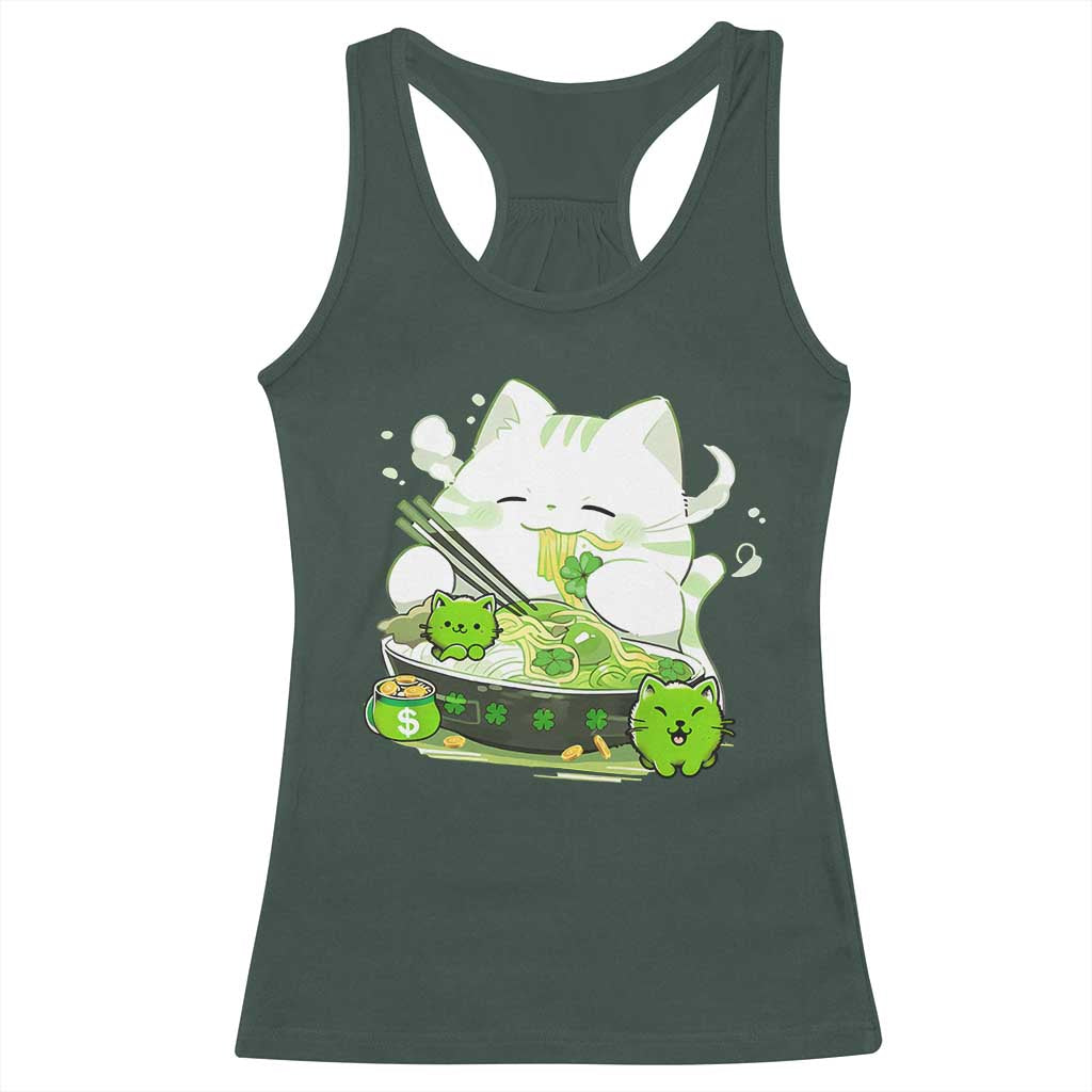 St Patrick's Day Cats Racerback Tank Top Irish Eating Ramen Noodles Cute Anime Shamrocks TS10 Dark Forest Green Print Your Wear