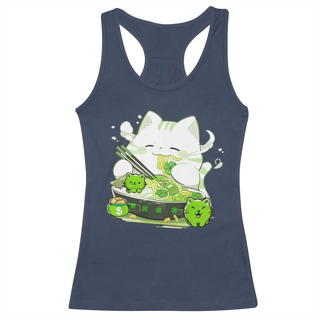 St Patrick's Day Cats Racerback Tank Top Irish Eating Ramen Noodles Cute Anime Shamrocks TS10 Navy Print Your Wear