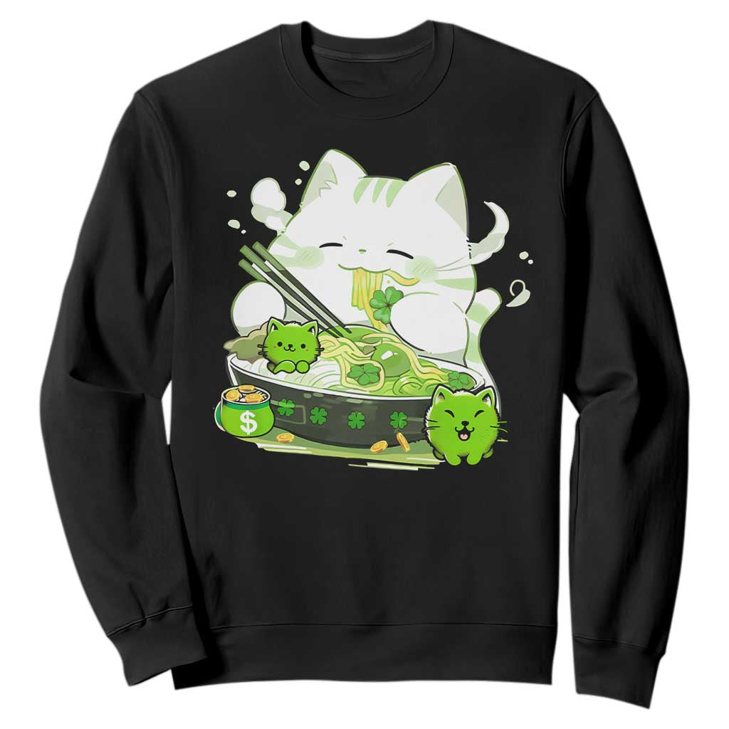 St Patrick's Day Cats Sweatshirt Irish Eating Ramen Noodles Cute Anime Shamrocks TS10 Black Print Your Wear