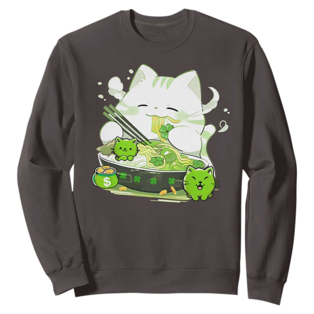 St Patrick's Day Cats Sweatshirt Irish Eating Ramen Noodles Cute Anime Shamrocks TS10 Dark Chocolate Print Your Wear