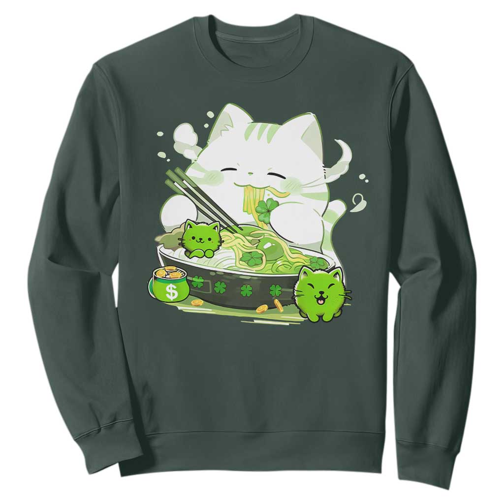 St Patrick's Day Cats Sweatshirt Irish Eating Ramen Noodles Cute Anime Shamrocks TS10 Dark Forest Green Print Your Wear