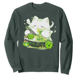 St Patrick's Day Cats Sweatshirt Irish Eating Ramen Noodles Cute Anime Shamrocks TS10 Dark Forest Green Print Your Wear