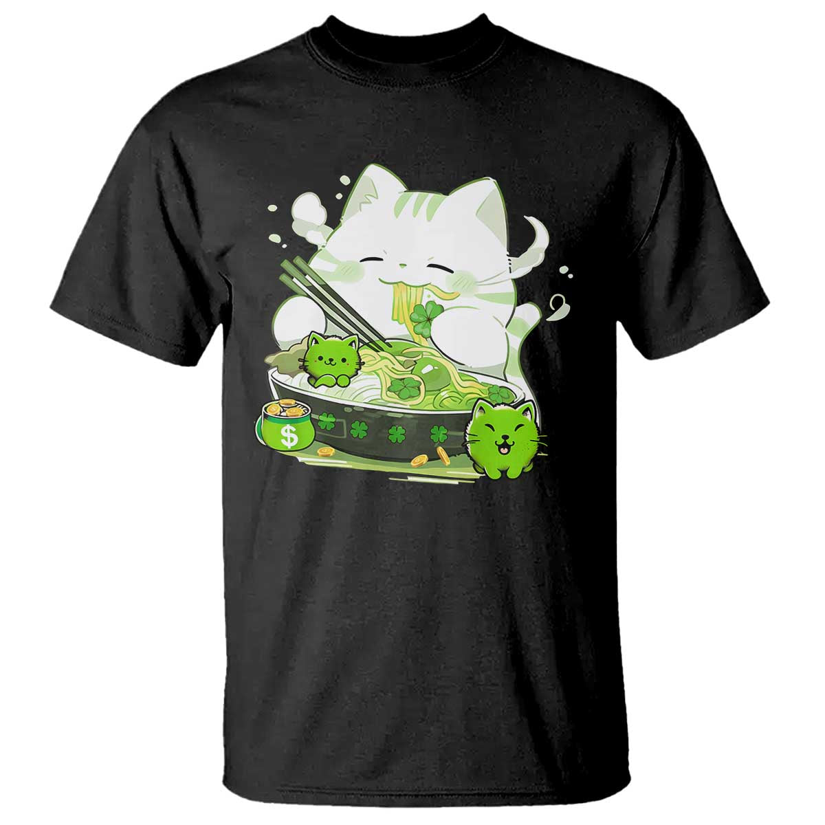 St Patrick's Day Cats T Shirt Irish Eating Ramen Noodles Cute Anime Shamrocks TS10 Black Print Your Wear