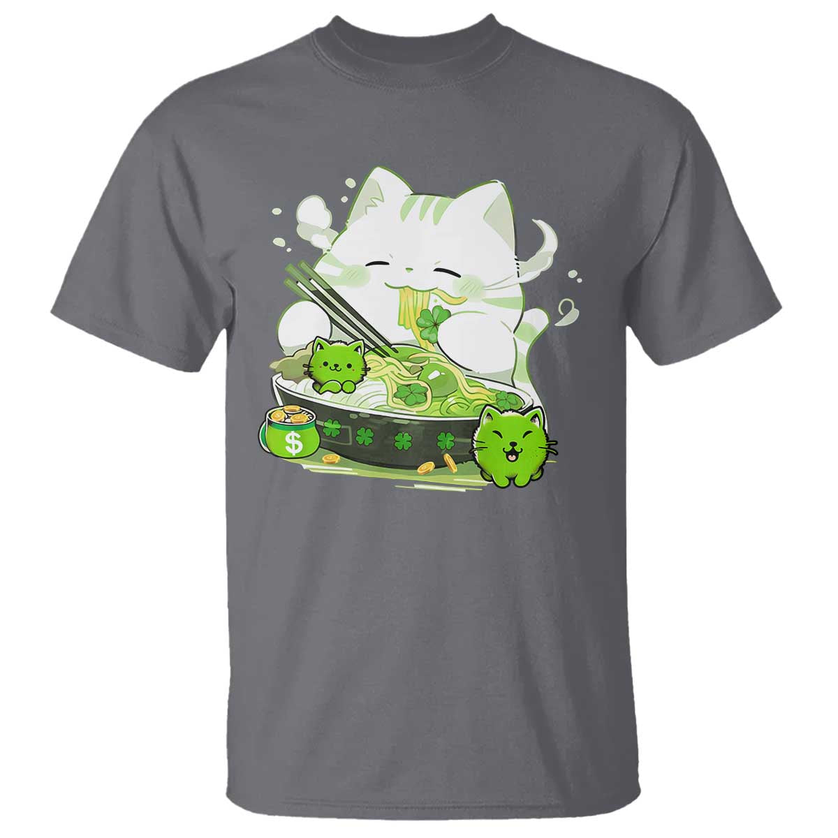 St Patrick's Day Cats T Shirt Irish Eating Ramen Noodles Cute Anime Shamrocks TS10 Charcoal Print Your Wear