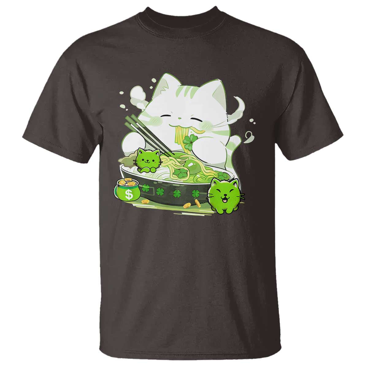 St Patrick's Day Cats T Shirt Irish Eating Ramen Noodles Cute Anime Shamrocks TS10 Dark Chocolate Print Your Wear