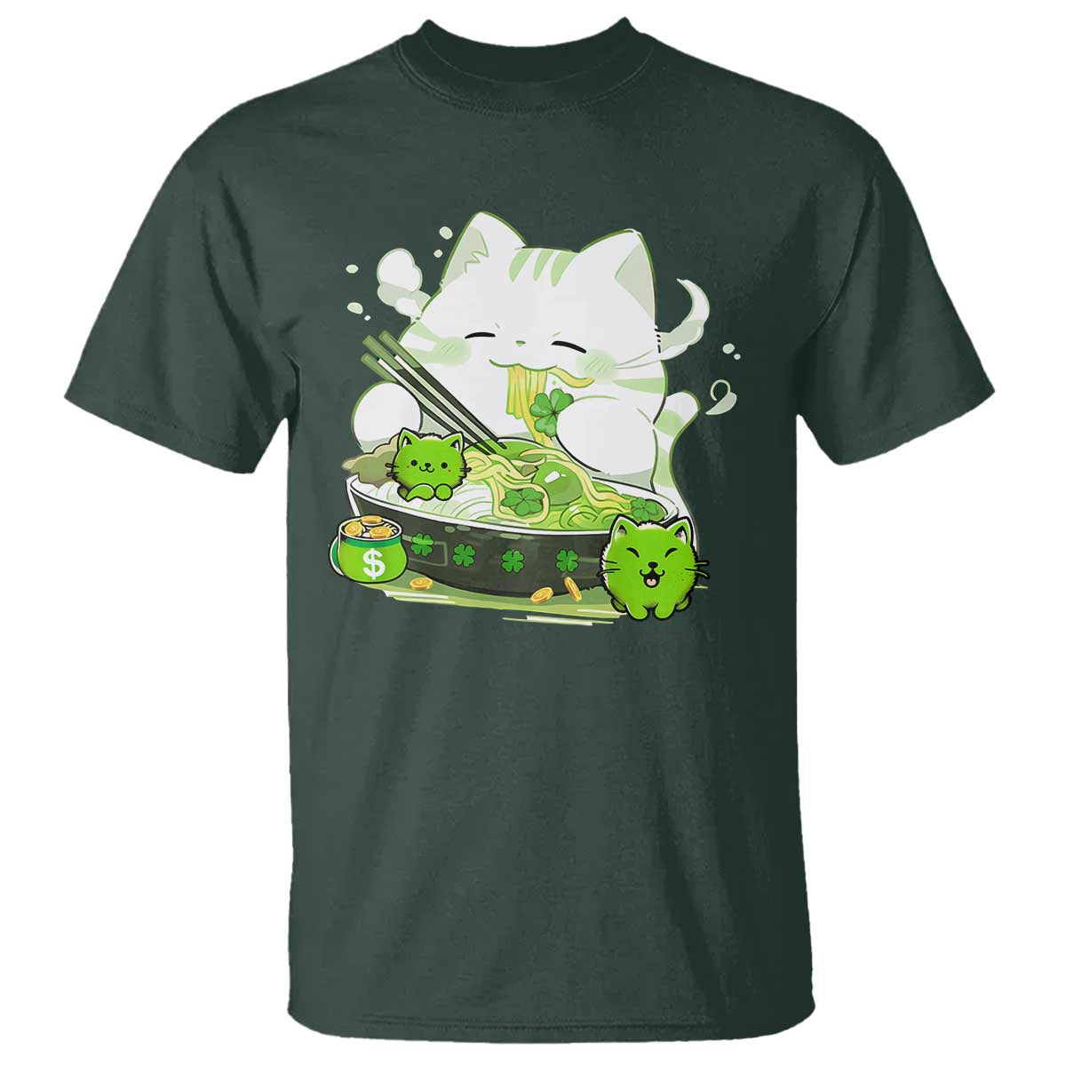 St Patrick's Day Cats T Shirt Irish Eating Ramen Noodles Cute Anime Shamrocks TS10 Dark Forest Green Print Your Wear