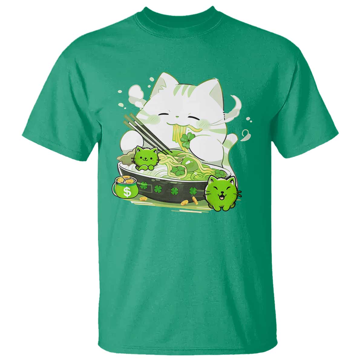 St Patrick's Day Cats T Shirt Irish Eating Ramen Noodles Cute Anime Shamrocks TS10 Irish Green Print Your Wear
