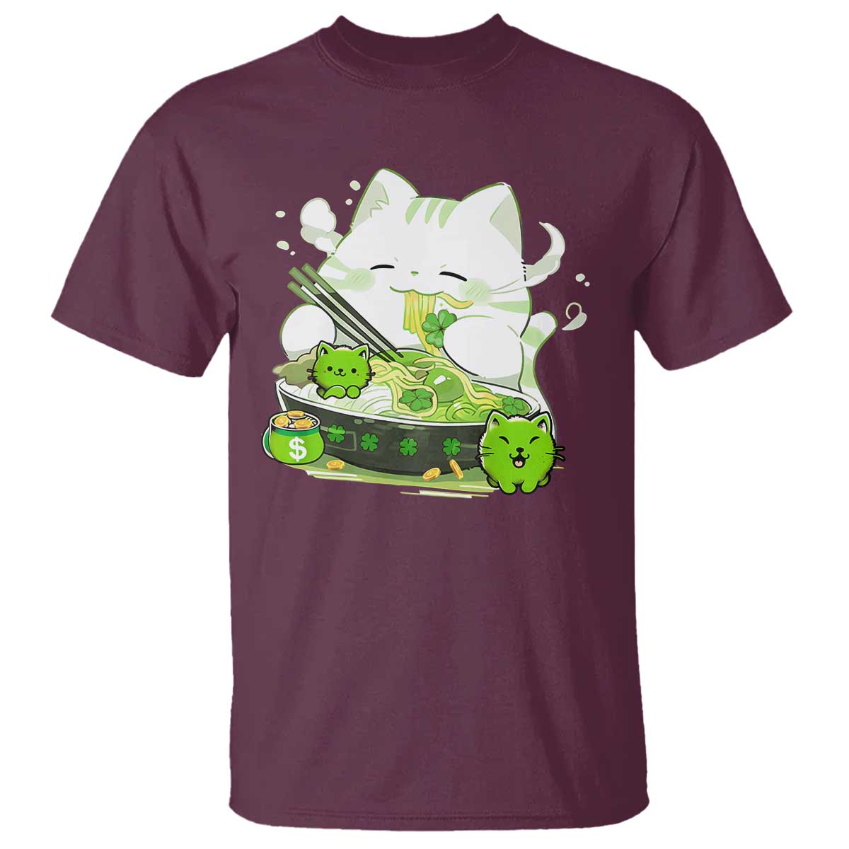 St Patrick's Day Cats T Shirt Irish Eating Ramen Noodles Cute Anime Shamrocks TS10 Maroon Print Your Wear