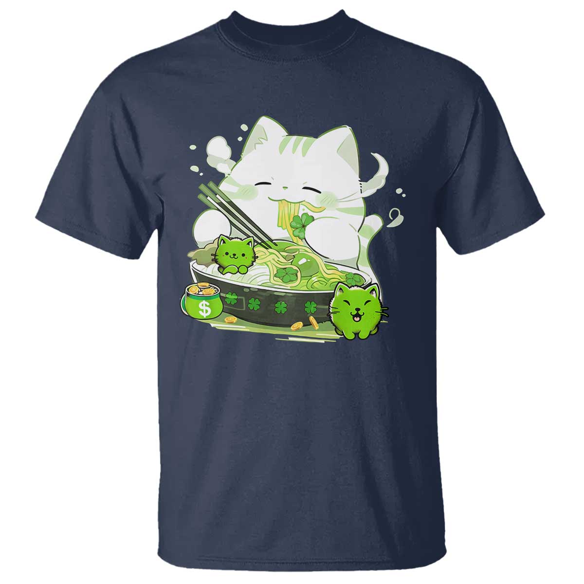 St Patrick's Day Cats T Shirt Irish Eating Ramen Noodles Cute Anime Shamrocks TS10 Navy Print Your Wear