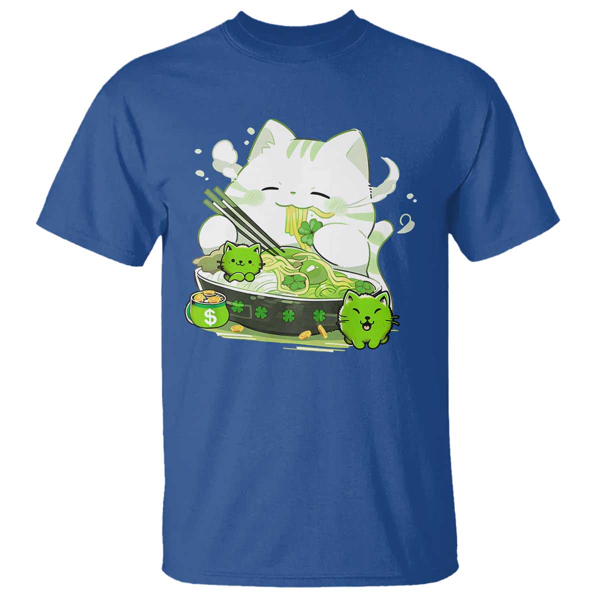 St Patrick's Day Cats T Shirt Irish Eating Ramen Noodles Cute Anime Shamrocks TS10 Royal Blue Print Your Wear
