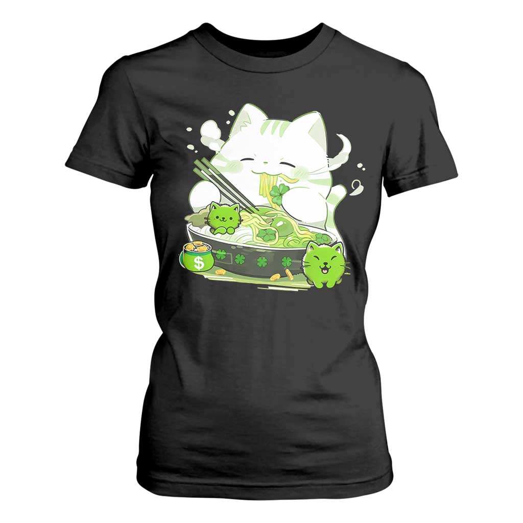 St Patrick's Day Cats T Shirt For Women Irish Eating Ramen Noodles Cute Anime Shamrocks TS10 Black Print Your Wear