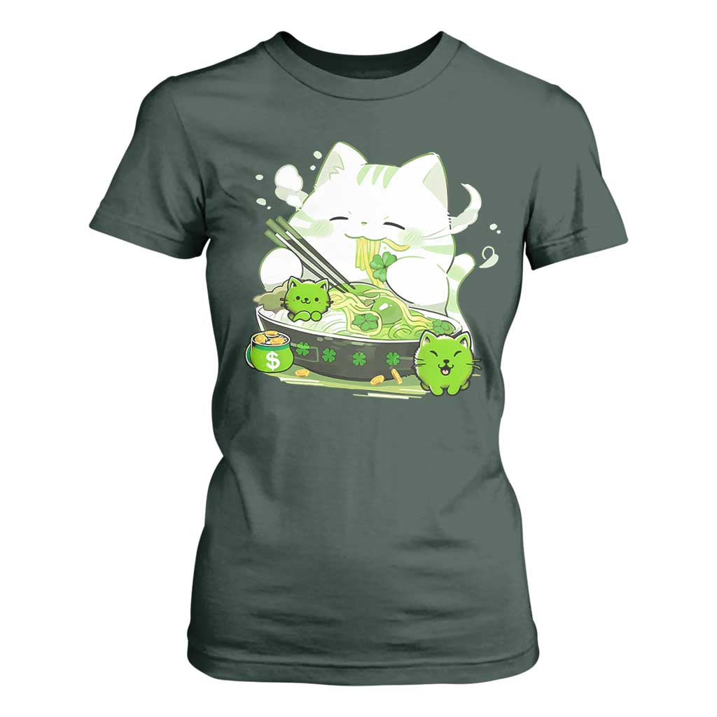 St Patrick's Day Cats T Shirt For Women Irish Eating Ramen Noodles Cute Anime Shamrocks TS10 Dark Forest Green Print Your Wear