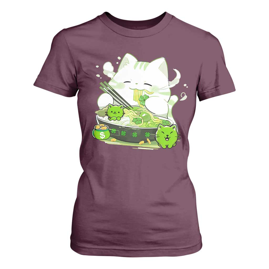 St Patrick's Day Cats T Shirt For Women Irish Eating Ramen Noodles Cute Anime Shamrocks TS10 Maroon Print Your Wear