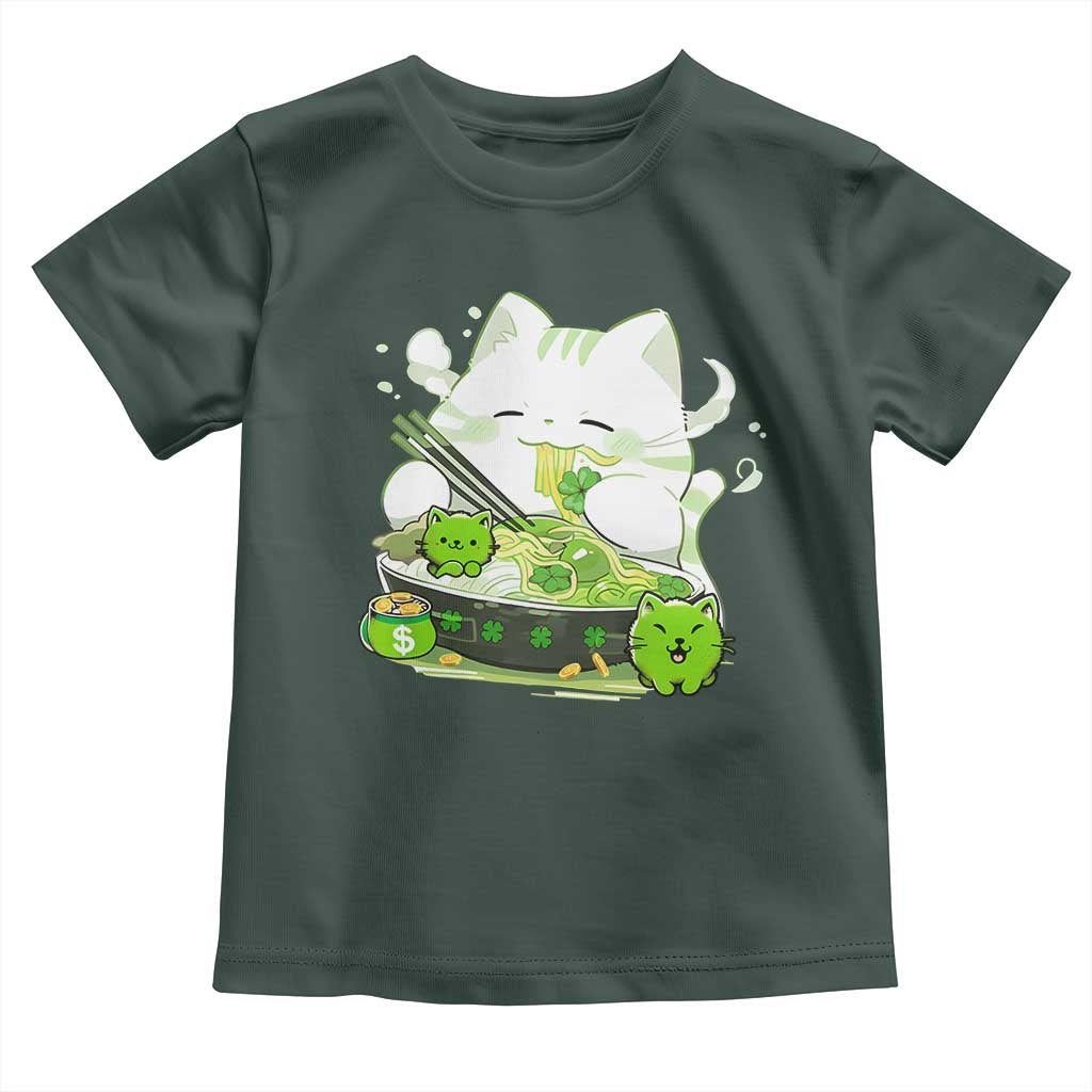 St Patrick's Day Cats Toddler T Shirt Irish Eating Ramen Noodles Cute Anime Shamrocks TS10 Dark Forest Green Print Your Wear