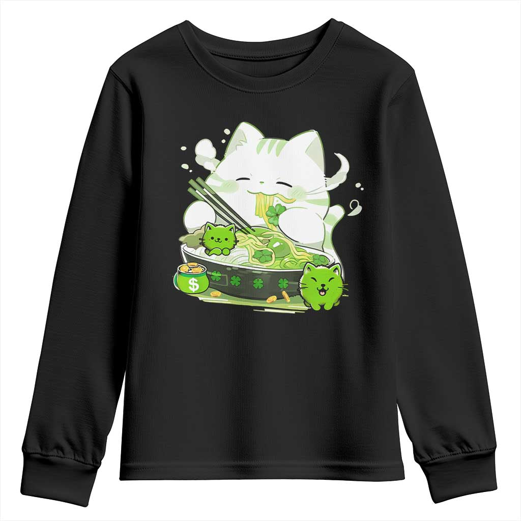 St Patrick's Day Cats Youth Sweatshirt Irish Eating Ramen Noodles Cute Anime Shamrocks TS10 Black Print Your Wear