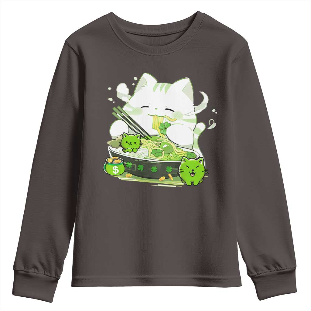 St Patrick's Day Cats Youth Sweatshirt Irish Eating Ramen Noodles Cute Anime Shamrocks TS10 Dark Chocolate Print Your Wear