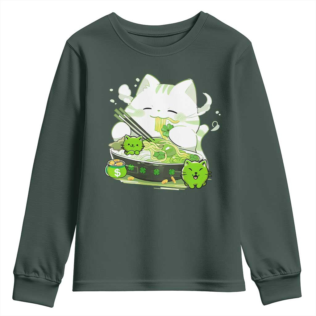 St Patrick's Day Cats Youth Sweatshirt Irish Eating Ramen Noodles Cute Anime Shamrocks TS10 Dark Forest Green Print Your Wear