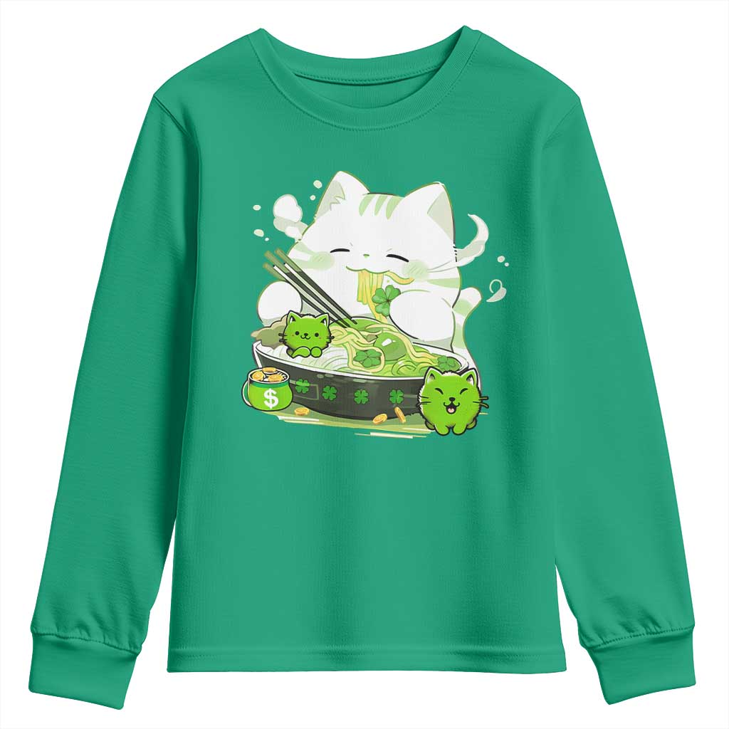 St Patrick's Day Cats Youth Sweatshirt Irish Eating Ramen Noodles Cute Anime Shamrocks TS10 Irish Green Print Your Wear