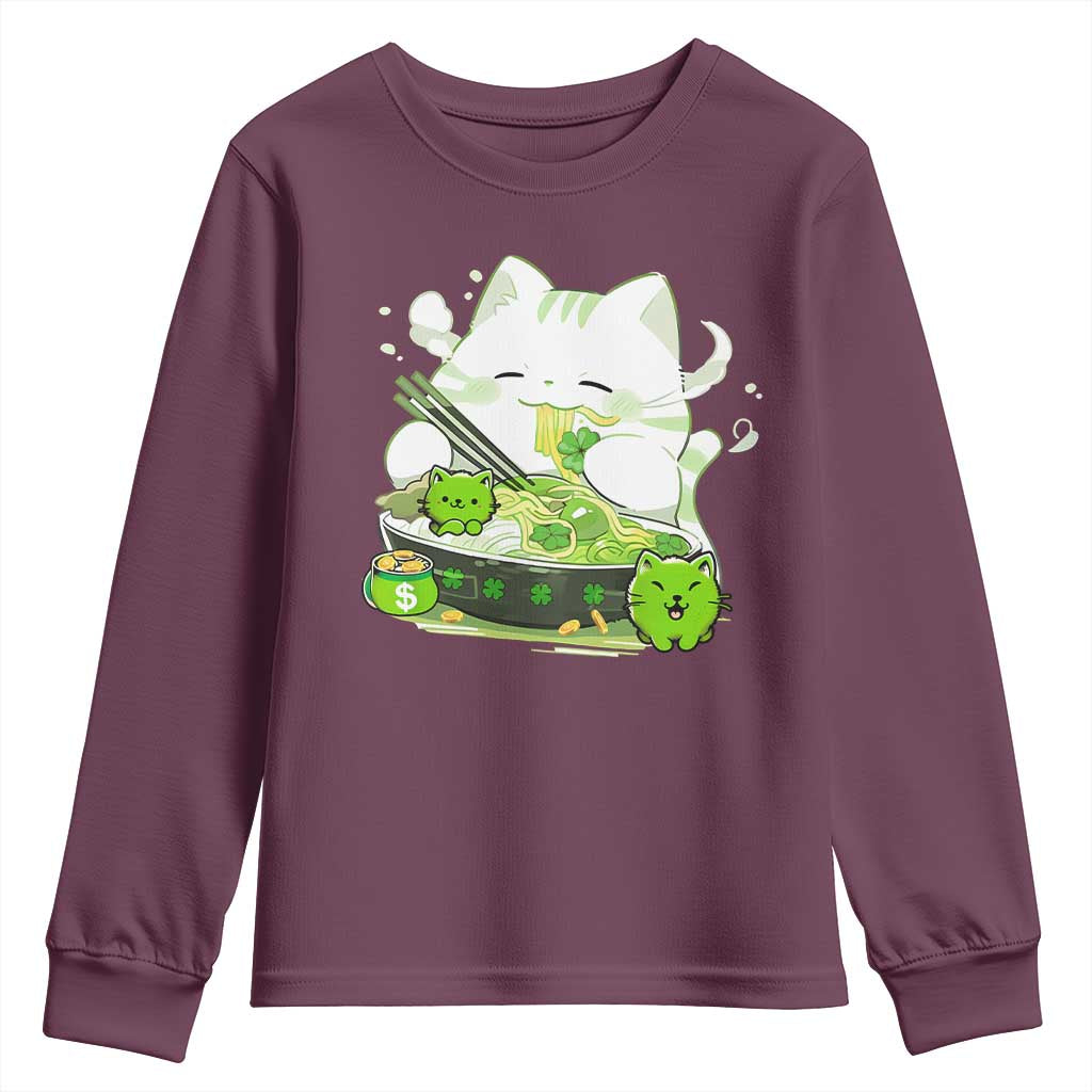St Patrick's Day Cats Youth Sweatshirt Irish Eating Ramen Noodles Cute Anime Shamrocks TS10 Maroon Print Your Wear