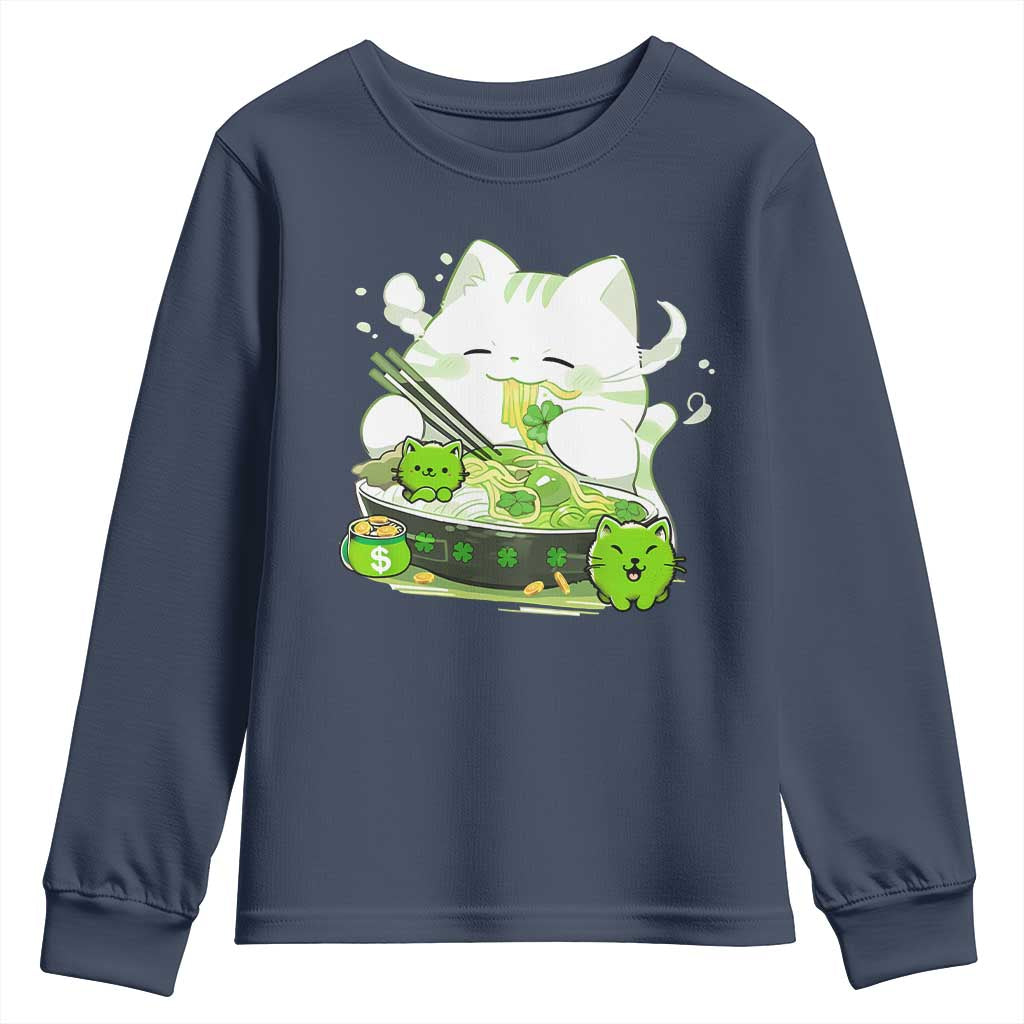 St Patrick's Day Cats Youth Sweatshirt Irish Eating Ramen Noodles Cute Anime Shamrocks TS10 Navy Print Your Wear