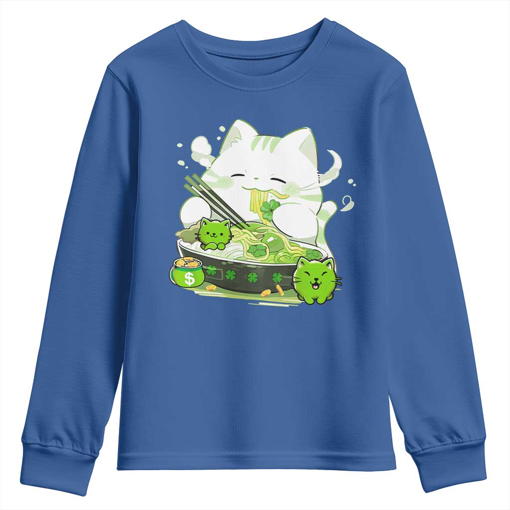 St Patrick's Day Cats Youth Sweatshirt Irish Eating Ramen Noodles Cute Anime Shamrocks TS10 Royal Blue Print Your Wear
