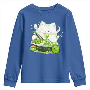St Patrick's Day Cats Youth Sweatshirt Irish Eating Ramen Noodles Cute Anime Shamrocks TS10 Royal Blue Print Your Wear
