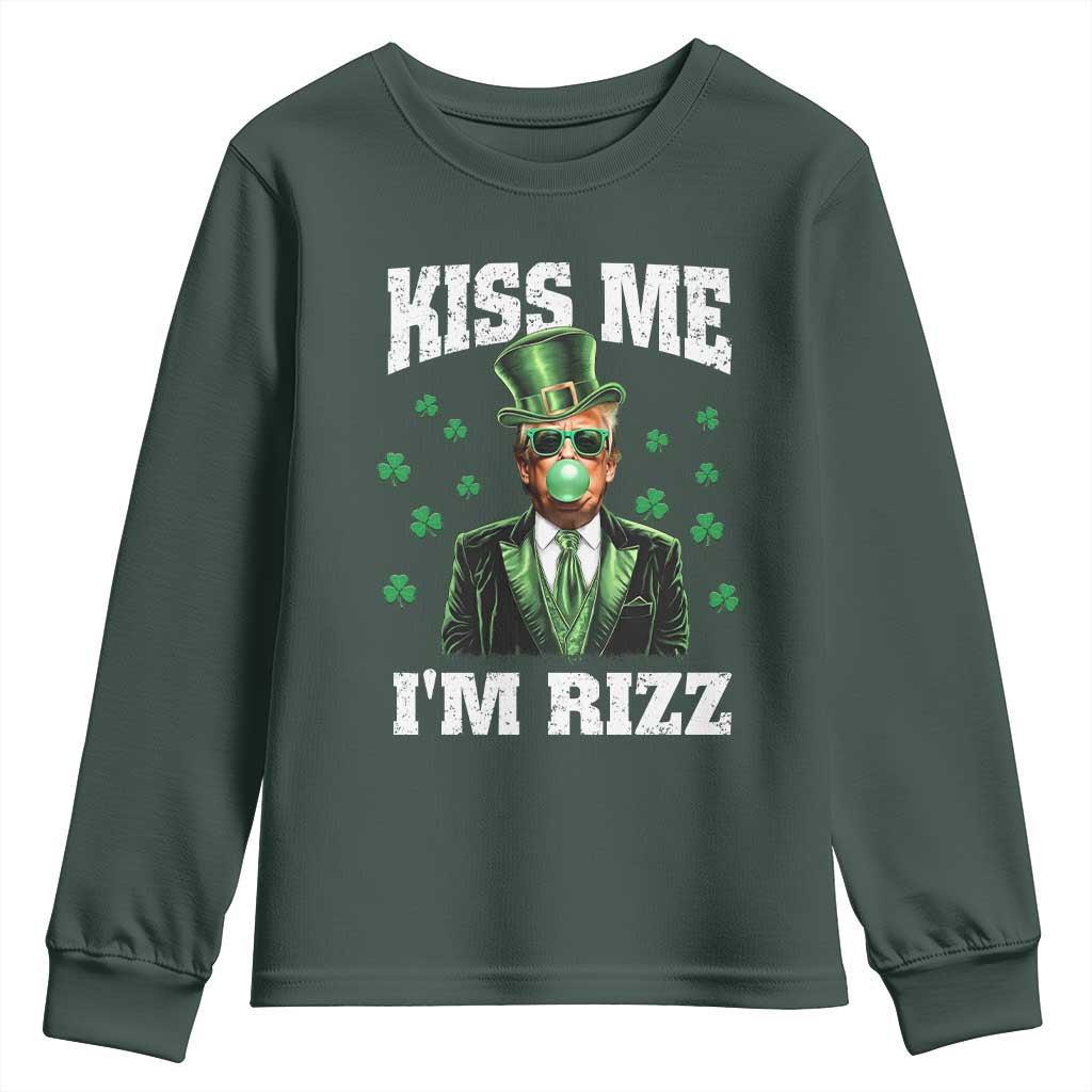 St. Patrick's Day Trump Bubble Gum Youth Sweatshirt Funny Irish Kiss Me I'm Rizz TS10 Dark Forest Green Print Your Wear