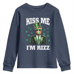 St. Patrick's Day Trump Bubble Gum Youth Sweatshirt Funny Irish Kiss Me I'm Rizz TS10 Navy Print Your Wear