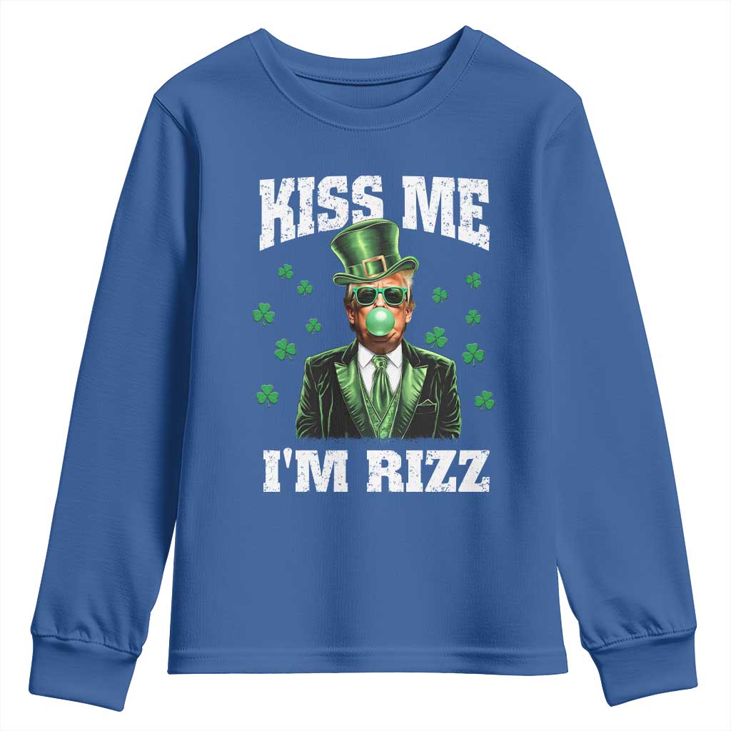St. Patrick's Day Trump Bubble Gum Youth Sweatshirt Funny Irish Kiss Me I'm Rizz TS10 Royal Blue Print Your Wear
