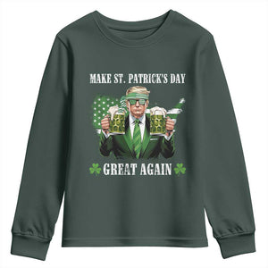 Make St Patrick's Day Great Again Funny Trump Youth Sweatshirt American Flag Beer Drinking Trump TS10 Dark Forest Green Print Your Wear