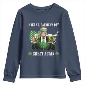 Make St Patrick's Day Great Again Funny Trump Youth Sweatshirt American Flag Beer Drinking Trump TS10 Navy Print Your Wear