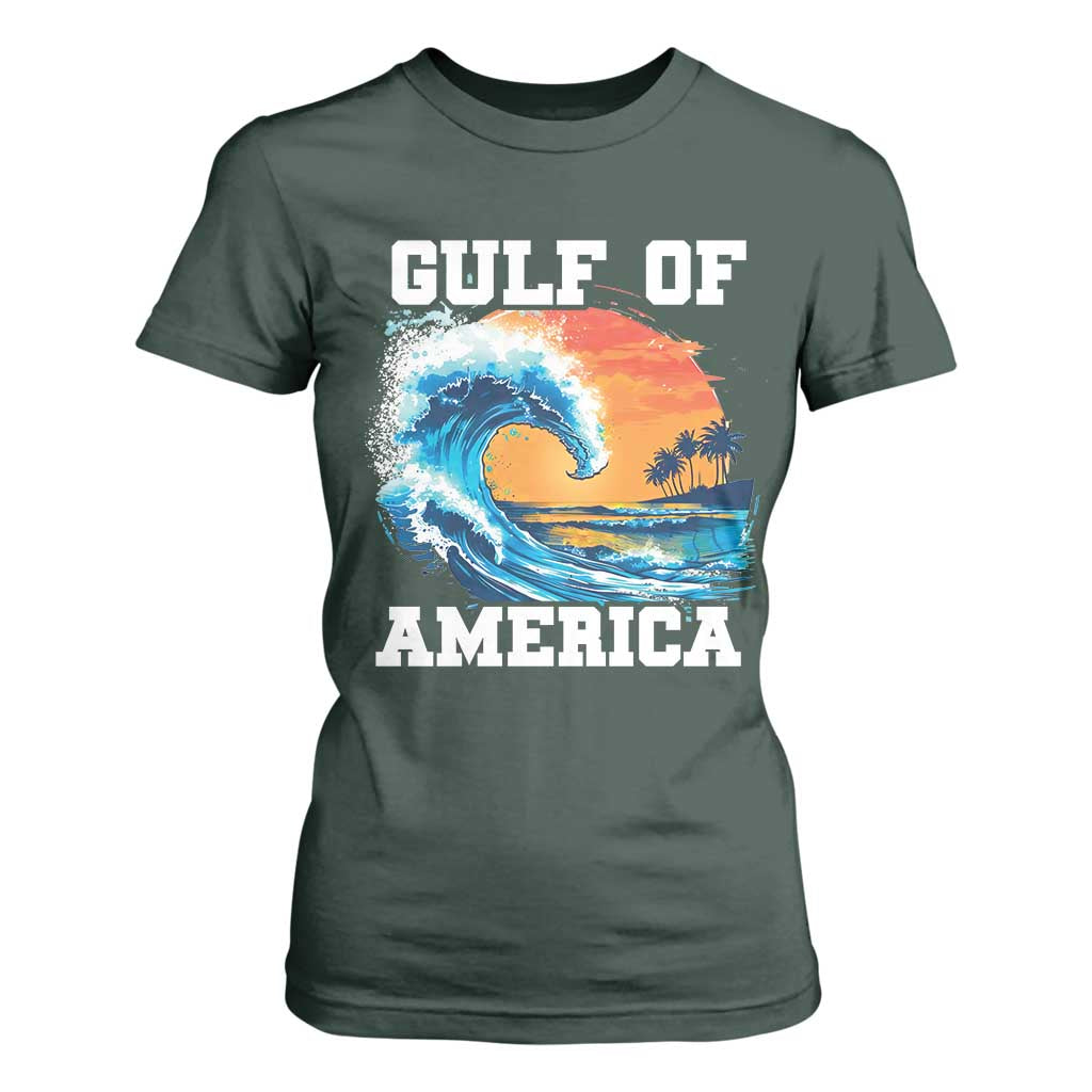 Gulf Of USA America T Shirt For Women President Trump 2025 Funny Gulf Mexico Summer Vibes TS10 Dark Forest Green Print Your Wear