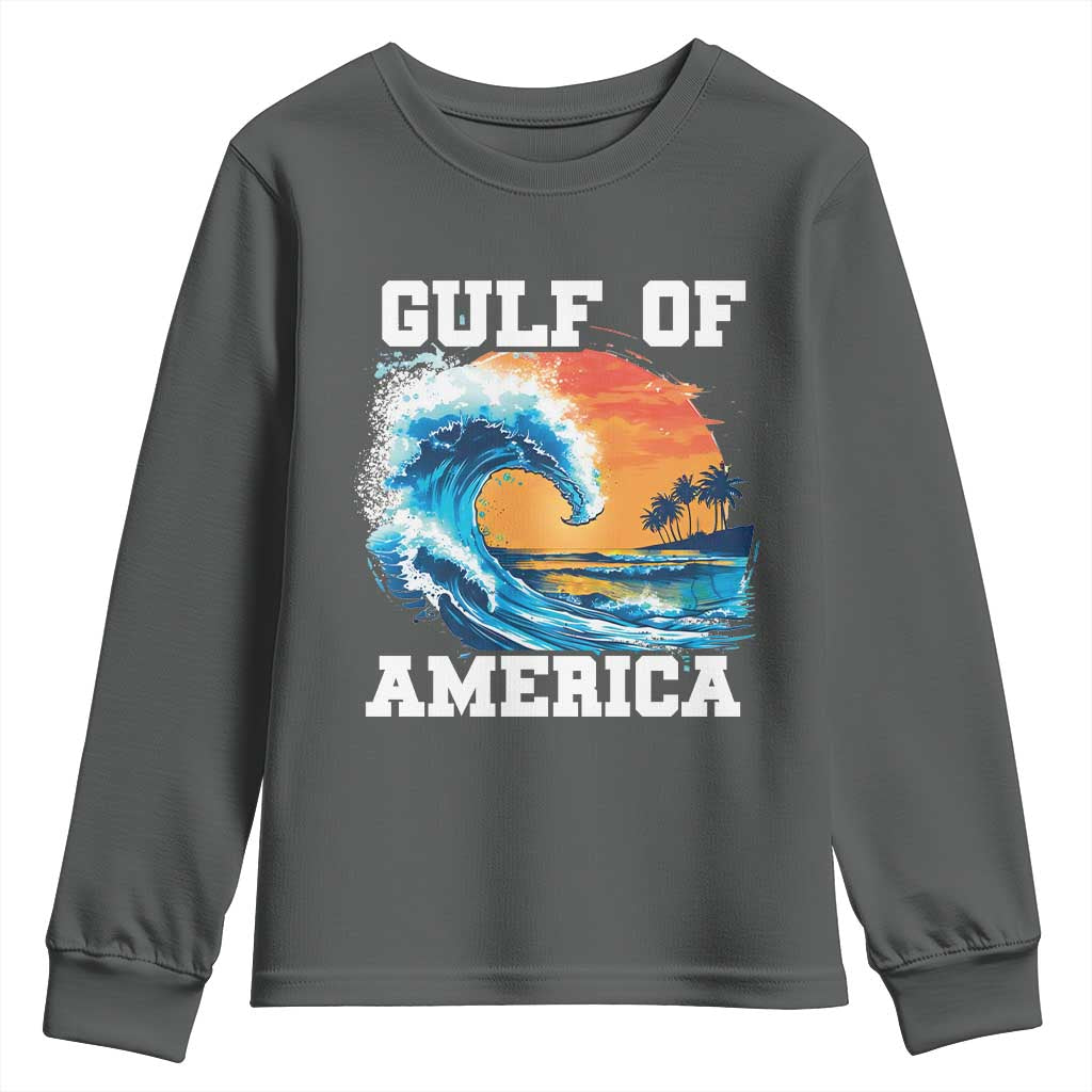 Gulf Of USA America Youth Sweatshirt President Trump 2025 Funny Gulf Mexico Summer Vibes TS10 Dark Heather Print Your Wear