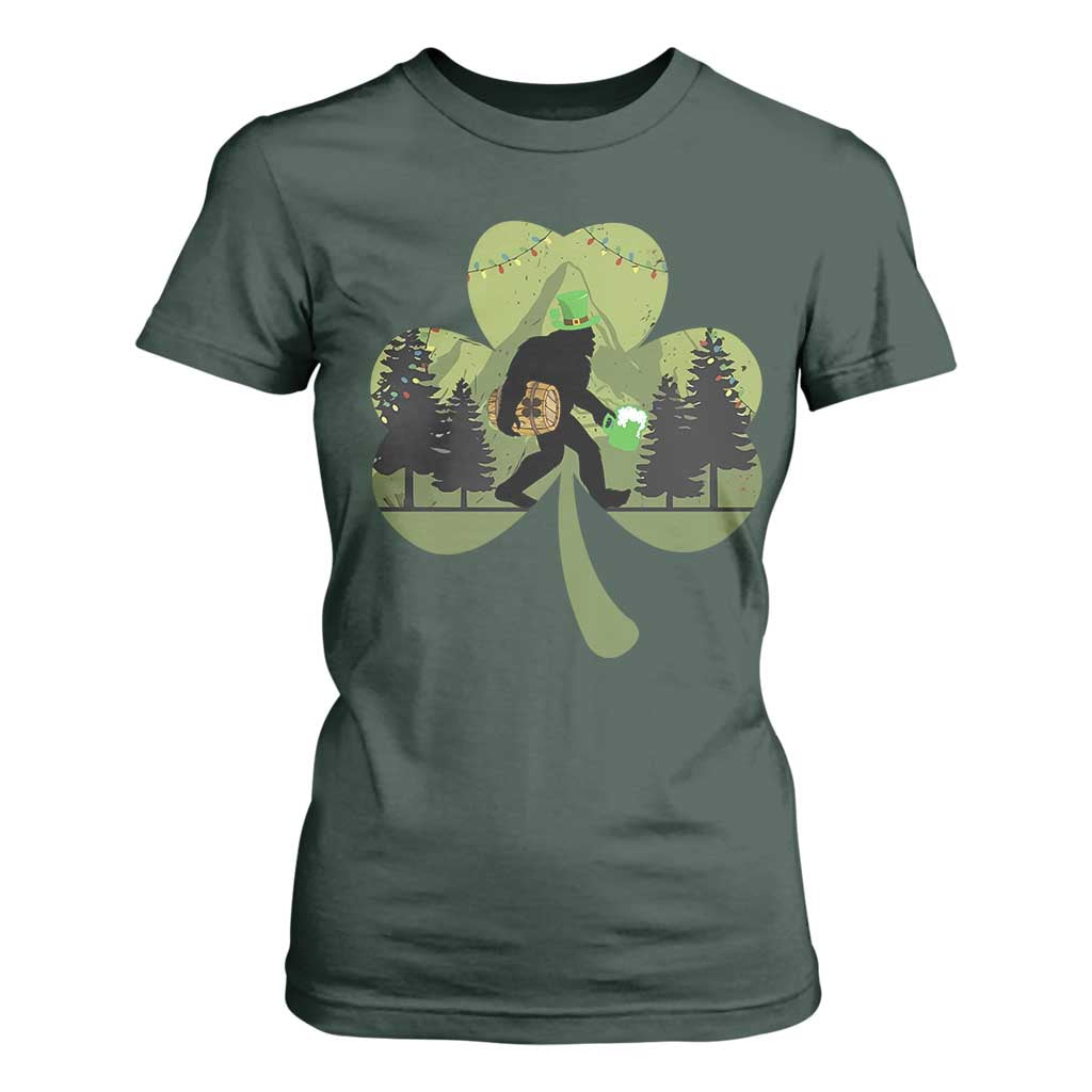 St Patricks Day Bigfoot T Shirt For Women Sasquatch Irish Beer Lovers Shamrock Clover Leaf TS10 Dark Forest Green Print Your Wear
