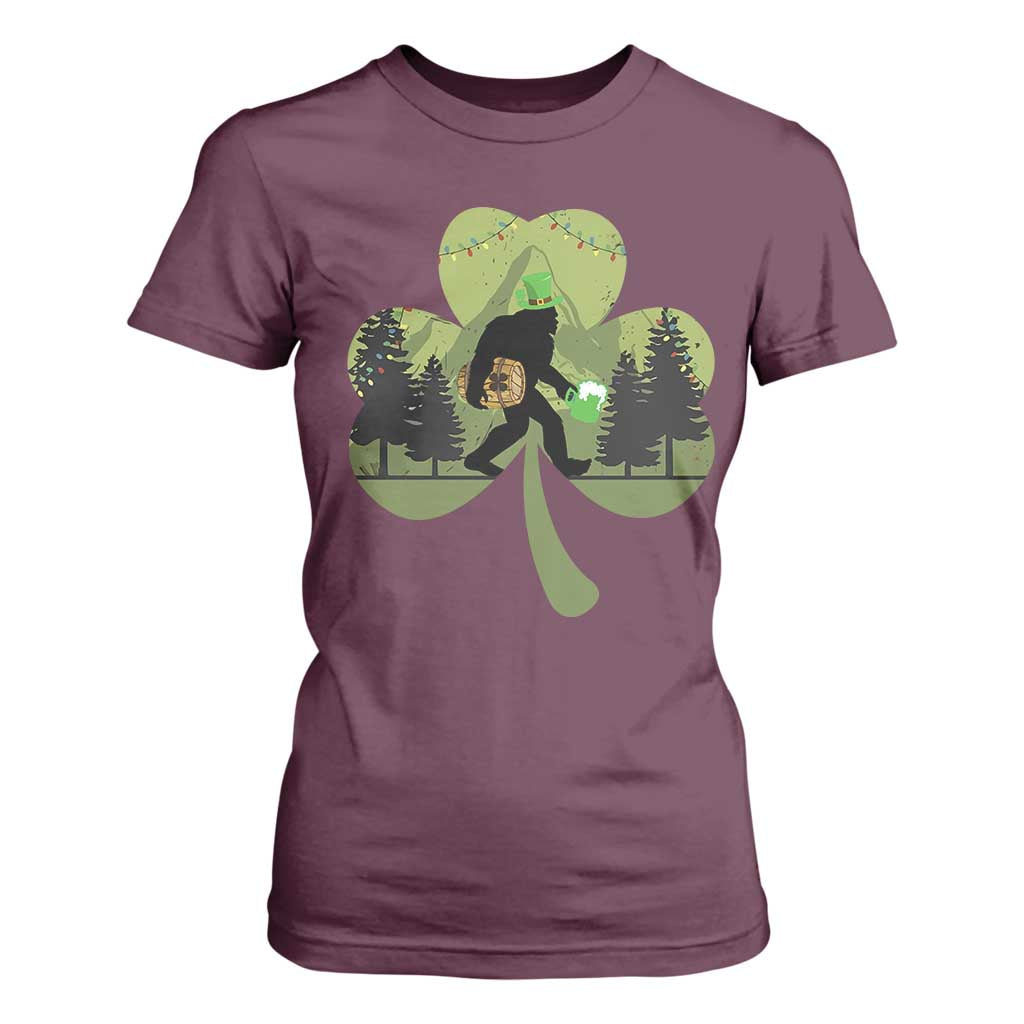 St Patricks Day Bigfoot T Shirt For Women Sasquatch Irish Beer Lovers Shamrock Clover Leaf TS10 Maroon Print Your Wear