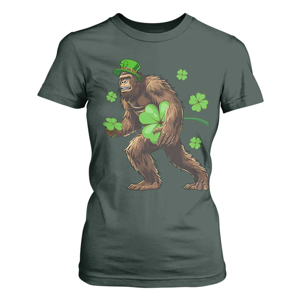 St Patricks Day Bigfoot T Shirt For Women Funny Sasquatch Shamrock TS10 Dark Forest Green Print Your Wear