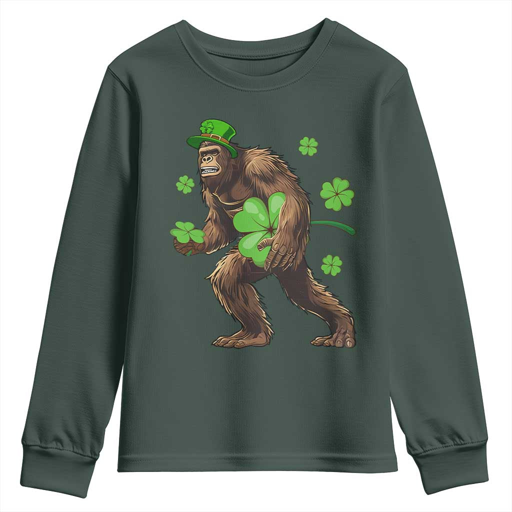 St Patricks Day Bigfoot Youth Sweatshirt Funny Sasquatch Shamrock TS10 Dark Forest Green Print Your Wear