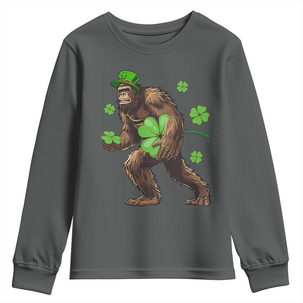 St Patricks Day Bigfoot Youth Sweatshirt Funny Sasquatch Shamrock TS10 Dark Heather Print Your Wear